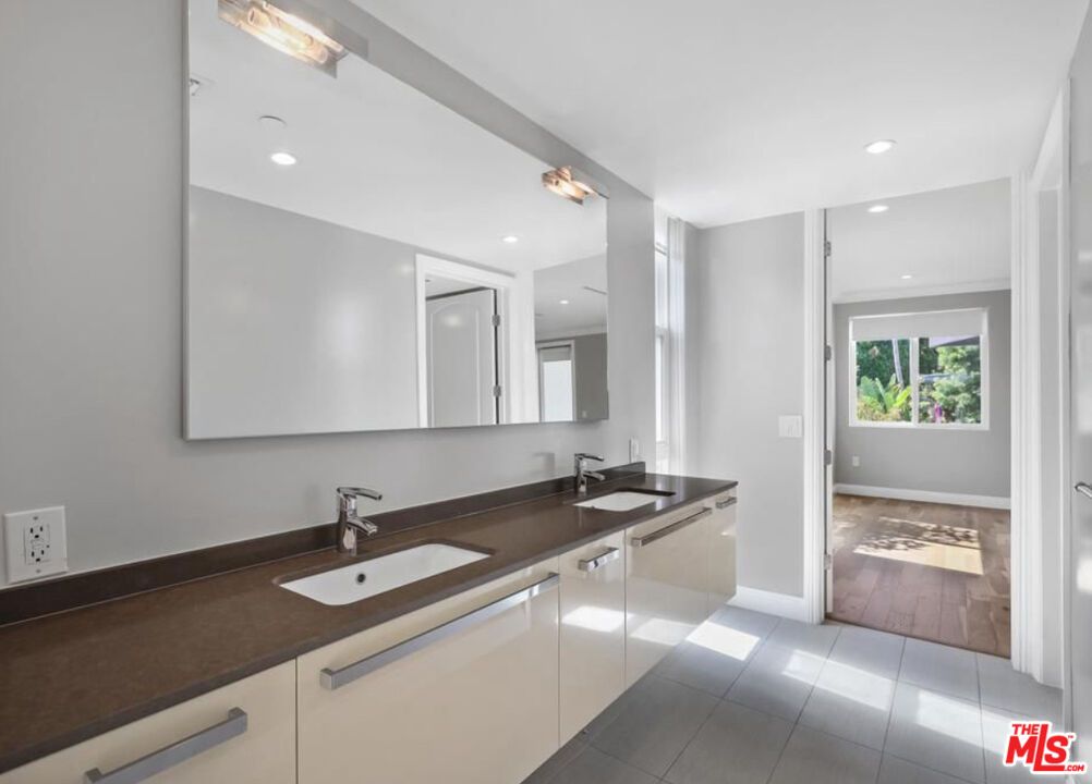 Bathroom, Dual Sink Vanities, Interior, Recessed Lighting, Wood Texture Flooring