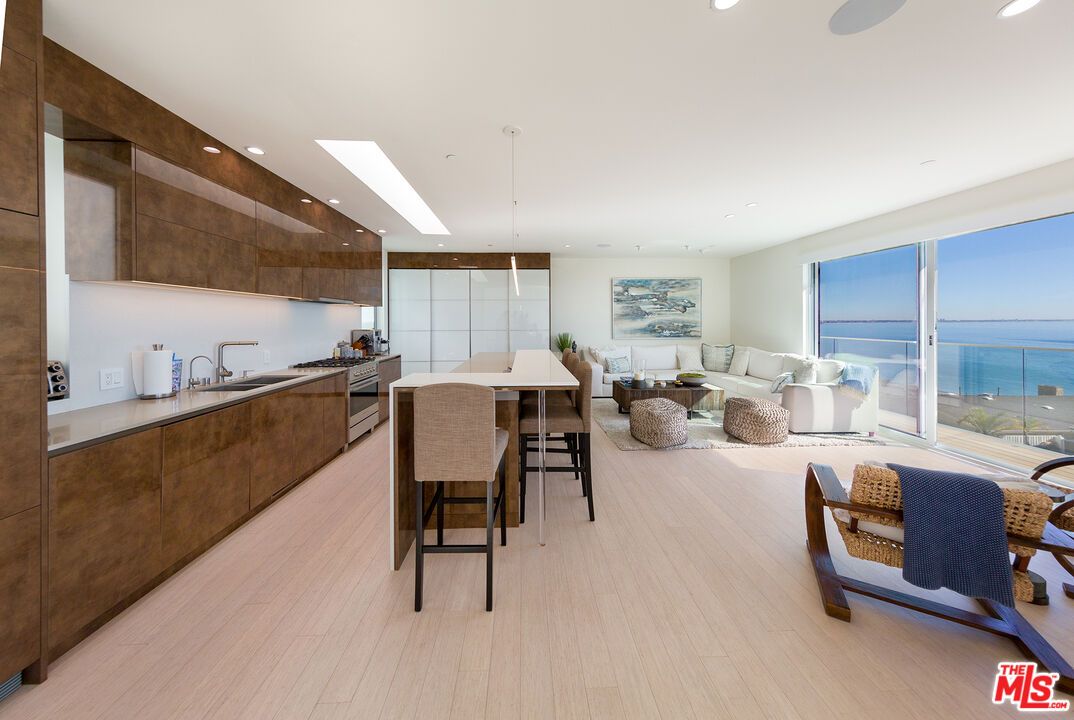 Interior, Kitchen, Living room, Pendant Lights, Recessed Lighting, Stainless Steel Appliances, Water, Wood Texture Flooring