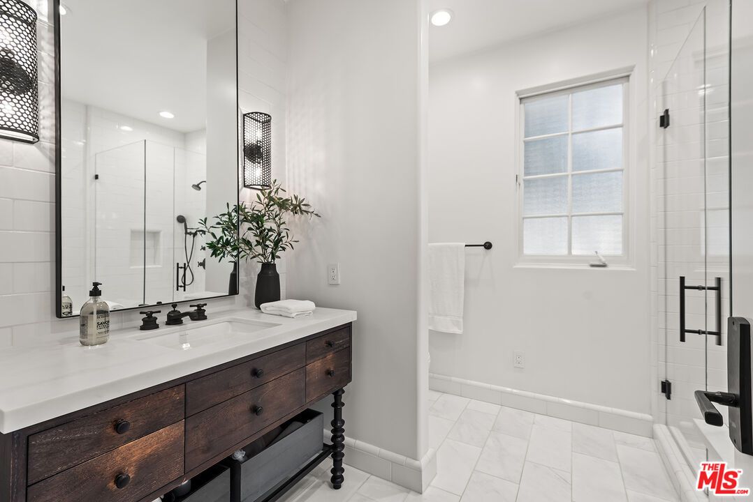 Bathroom, Dual Sink Vanities, Glass Shower, Interior, Marble, Recessed Lighting