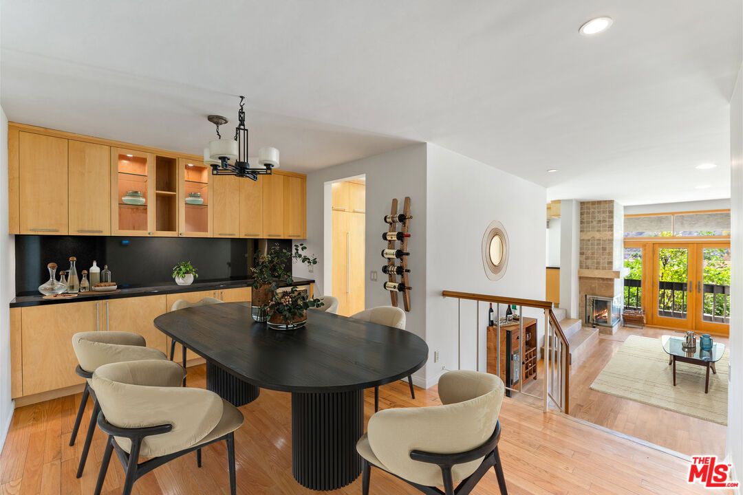 Dining room, Fireplace, Interior, Pendant Lights, Recessed Lighting, Wood Texture Flooring