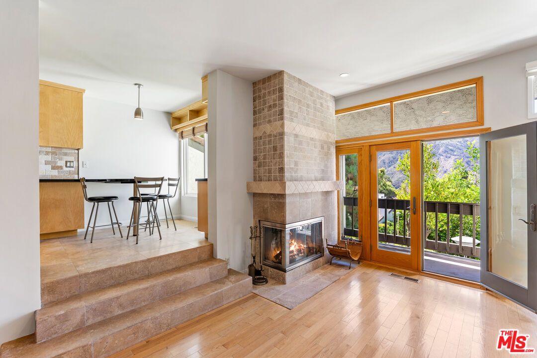 Fireplace, Interior, Pendant Lights, Recessed Lighting, Wood Texture Flooring