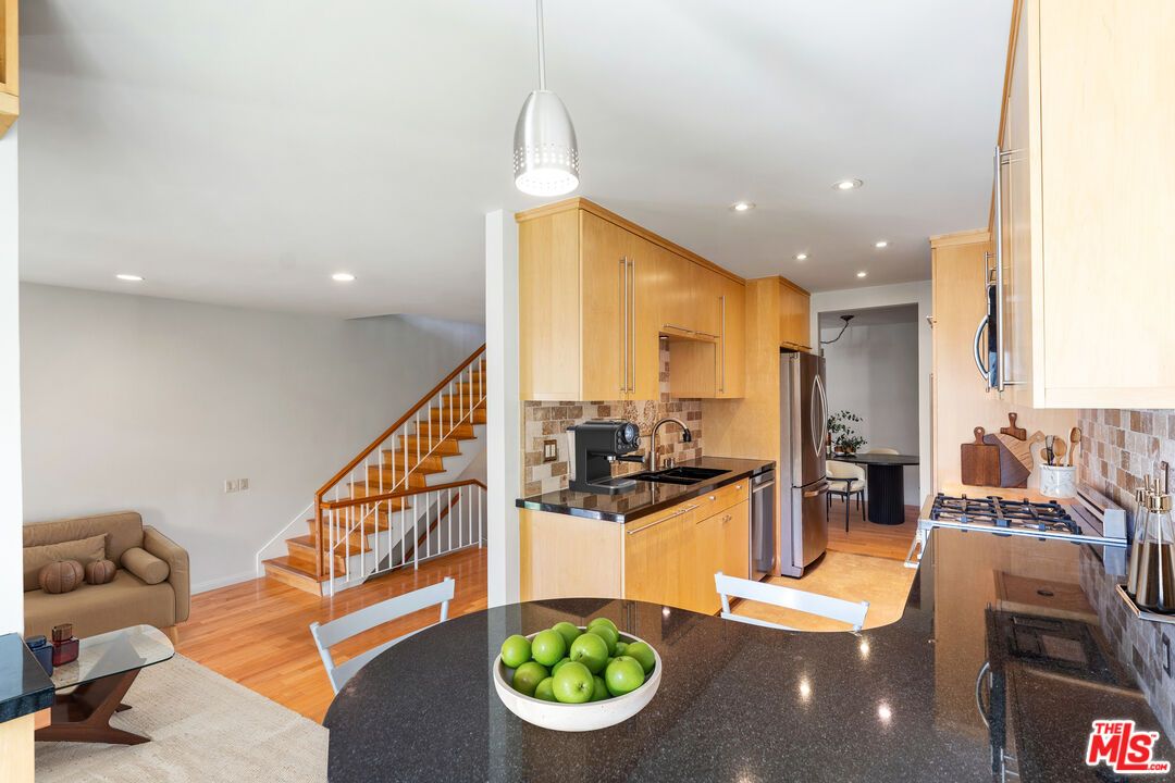 Dining room, Interior, Kitchen, Pendant Lights, Recessed Lighting, Wood Texture Flooring