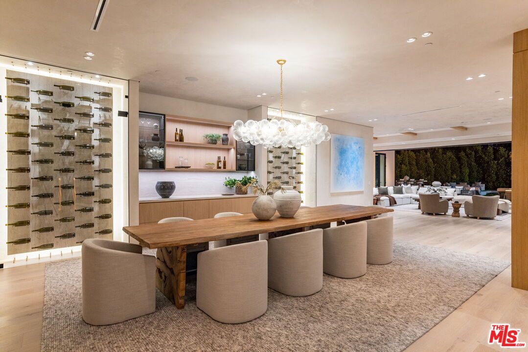 Chandelier, Dining room, Interior, Living room, Recessed Lighting, Wine Storage, Wood Texture Flooring