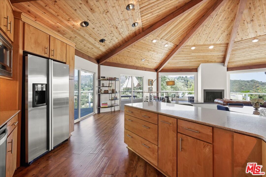 Fireplace, Interior, Kitchen, Recessed Lighting, Stainless Steel Appliances, Wooden Beams, Wooden Ceilings, Wood Texture Flooring