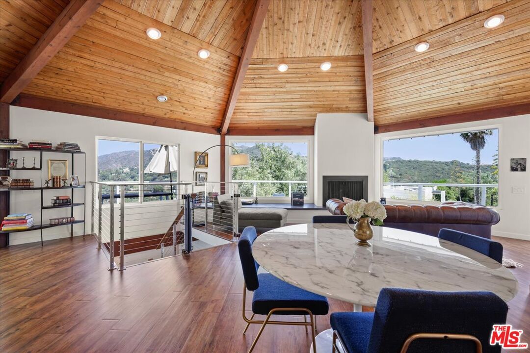 Dining room, Fireplace, Interior, Living room, Recessed Lighting, Wooden Beams, Wooden Ceilings, Wood Texture Flooring