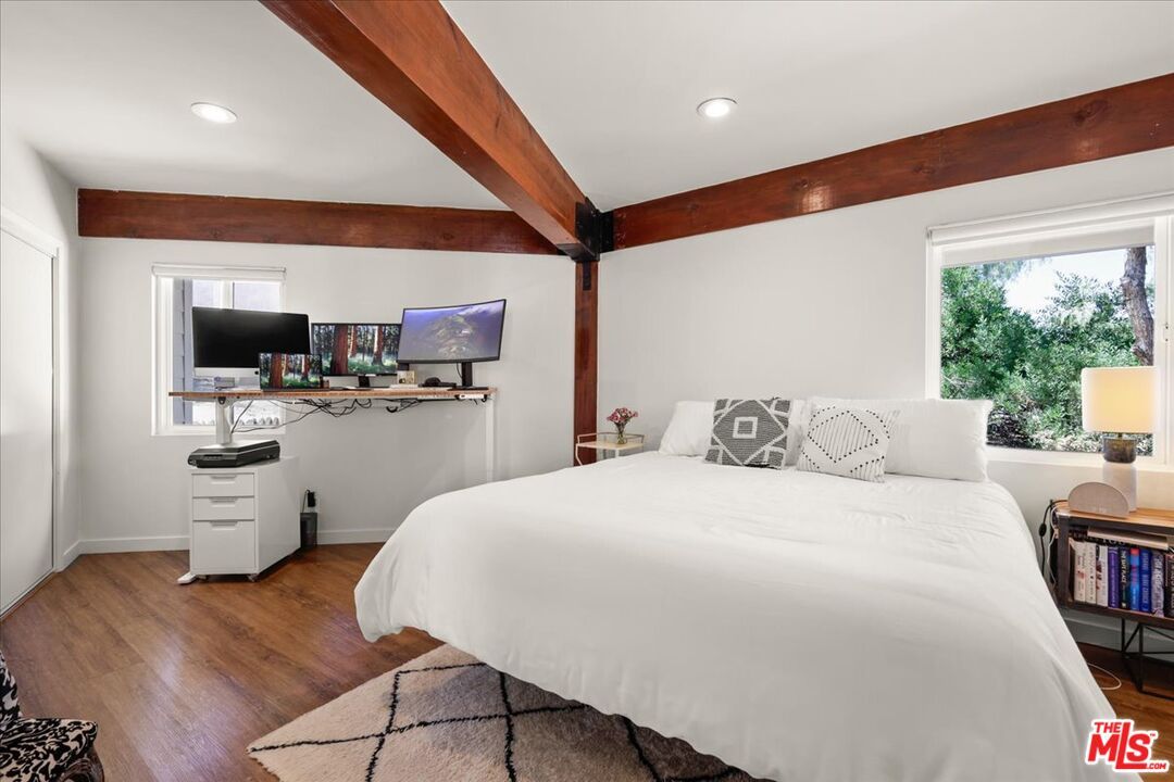 Bedroom, Interior, Recessed Lighting, Wooden Beams, Wood Texture Flooring
