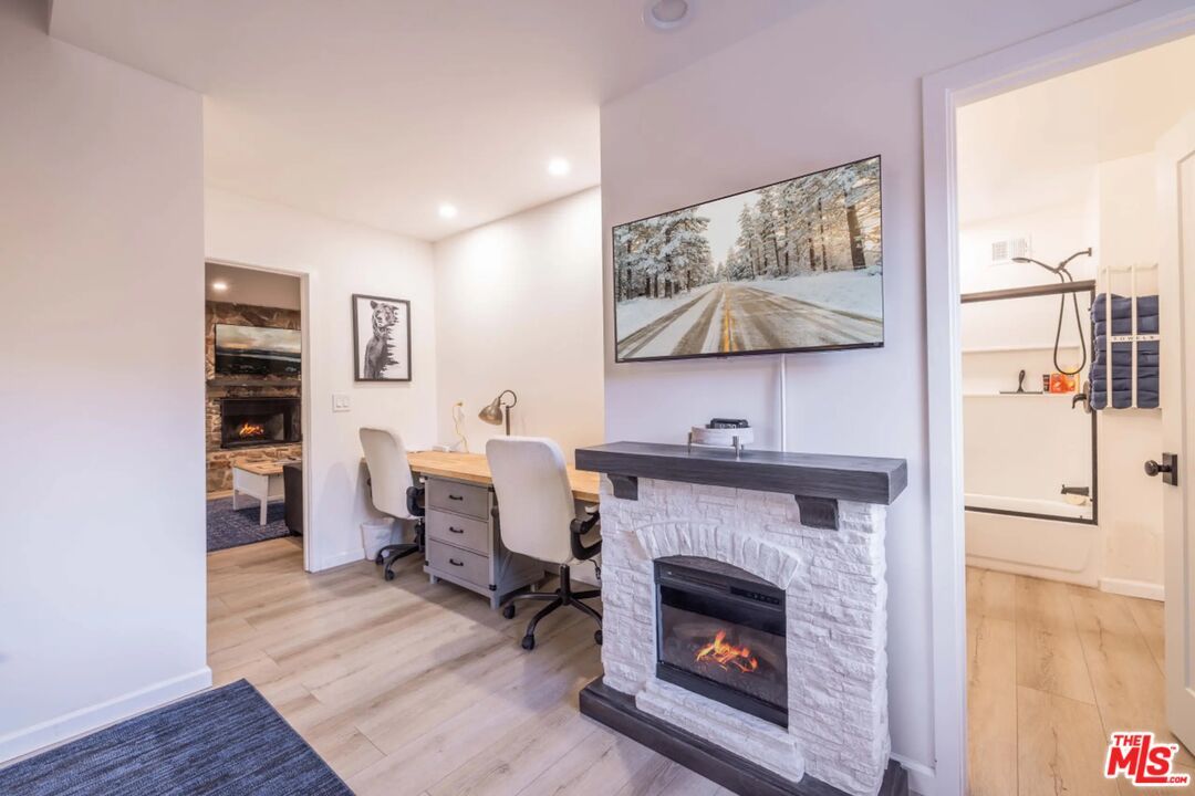 Fireplace, Home Office, Interior, Recessed Lighting, Wood Texture Flooring