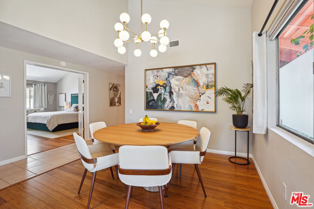 Bedroom, Dining room, Interior, Pendant Lights, Wood Texture Flooring