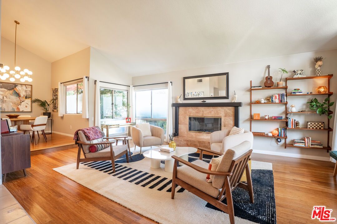 Dining room, Fireplace, Interior, Living room, Pendant Lights, Wood Texture Flooring