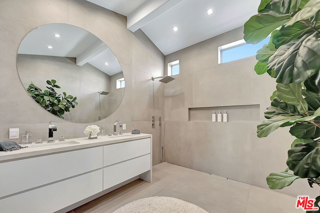 Bathroom, Dual Sink Vanities, Interior, Recessed Lighting, Wood Texture Flooring