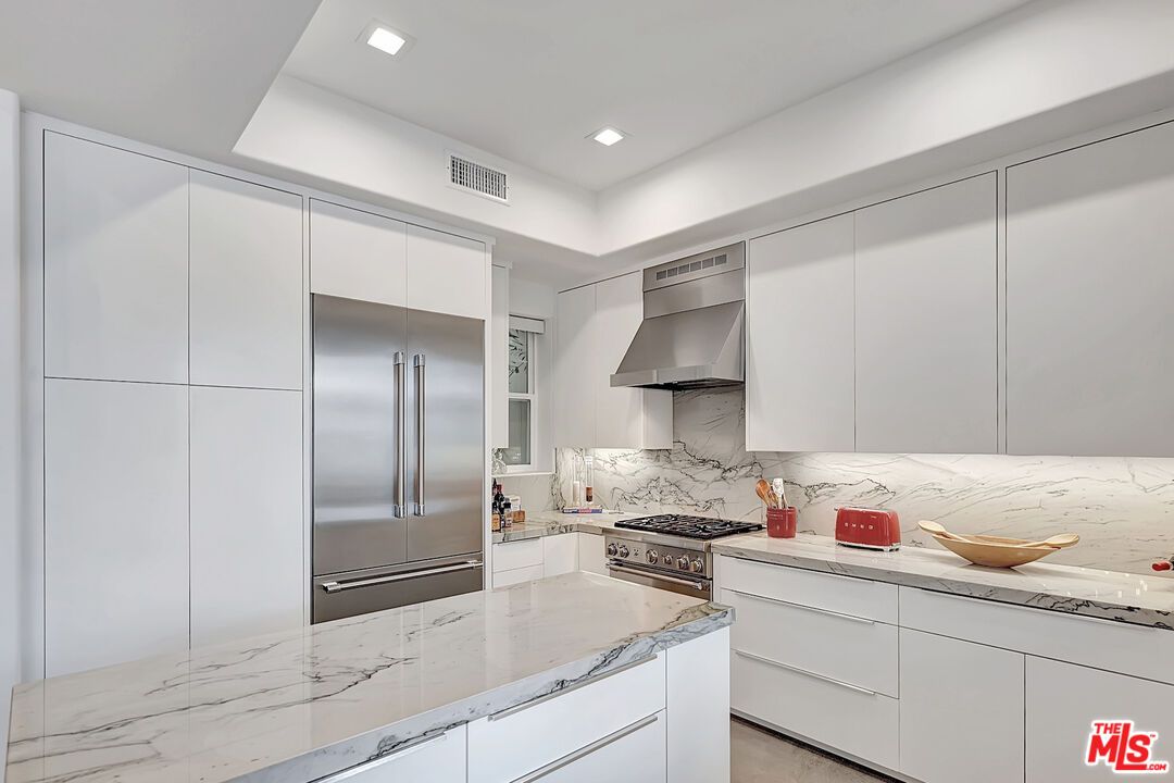 Interior, Kitchen, Marble, Marble Walls, Recessed Lighting, Stainless Steel Appliances