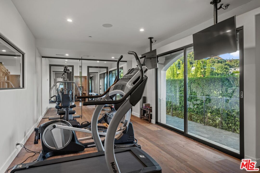 Fitness Equipment, Gym, Interior, Recessed Lighting, Wood Texture Flooring
