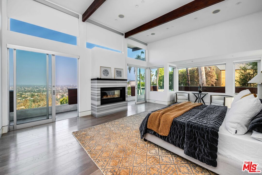 Bedroom, Fireplace, Interior, Recessed Lighting, Wooden Beams, Wood Texture Flooring