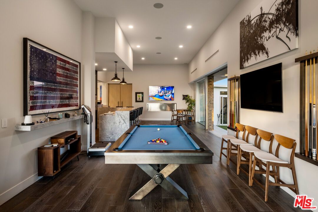 Billiard Table, Game Room, Interior, Pendant Lights, Recessed Lighting, Wood Texture Flooring