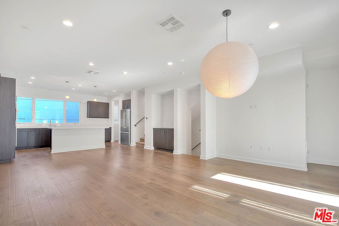 Empty room, Interior, Kitchen, Pendant Lights, Recessed Lighting, Wood Texture Flooring