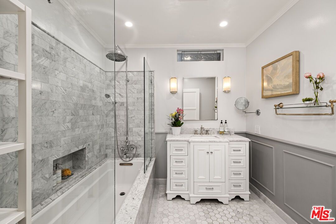 Bathroom, Dual Sink Vanities, Fireplace, Glass Shower, Interior, Marble Walls, Recessed Lighting