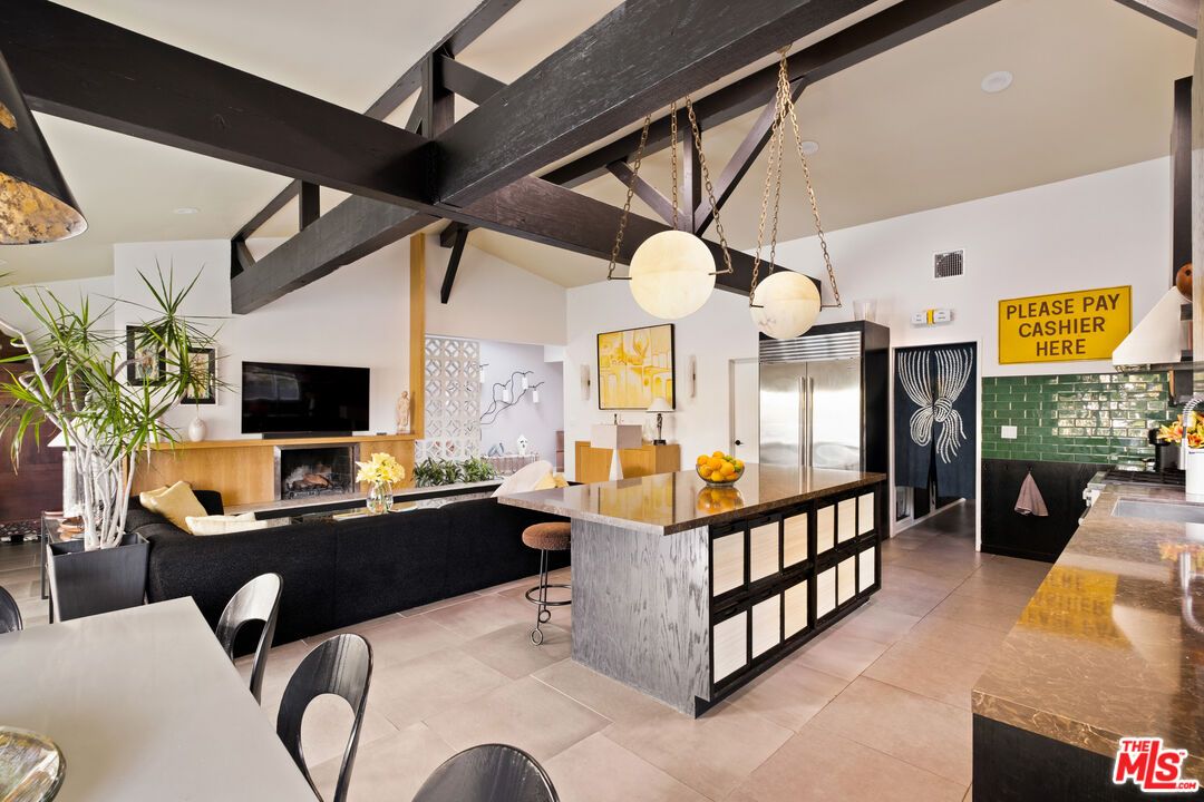 Fireplace, Interior, Kitchen, Living room, Pendant Lights, Stainless Steel Appliances