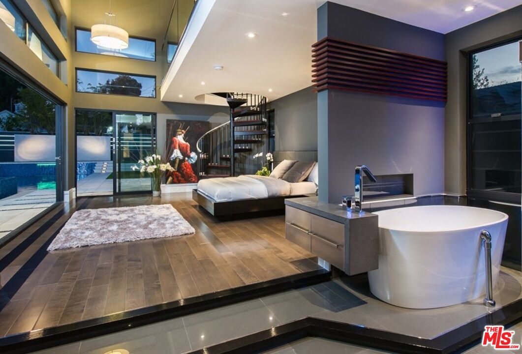 Bedroom, Interior, Pendant Lights, Recessed Lighting, Wood Texture Flooring