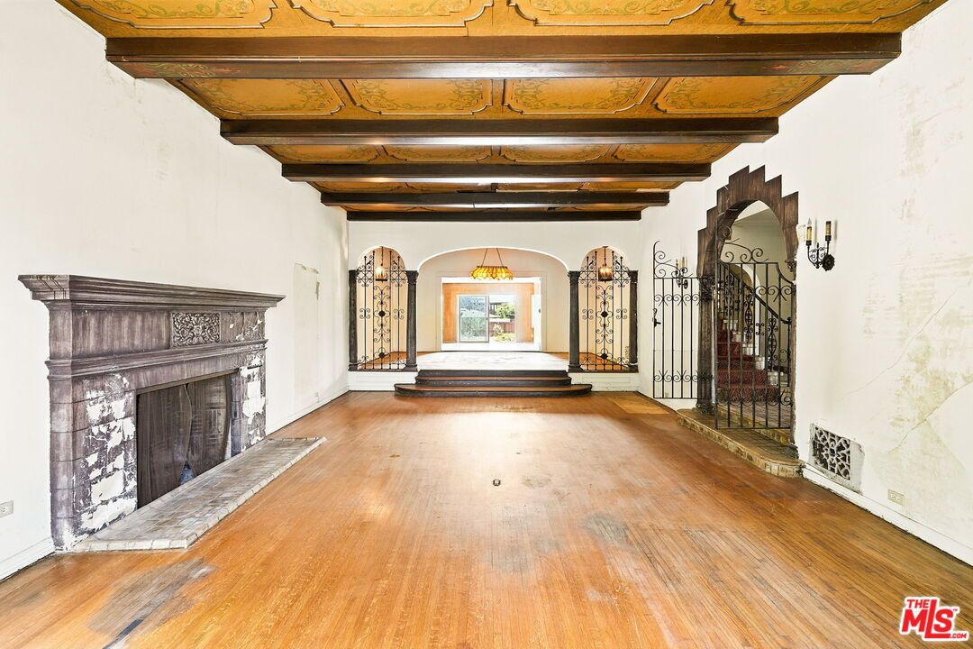 Fireplace, Interior, Pendant Lights, Wooden Beams, Wood Texture Flooring