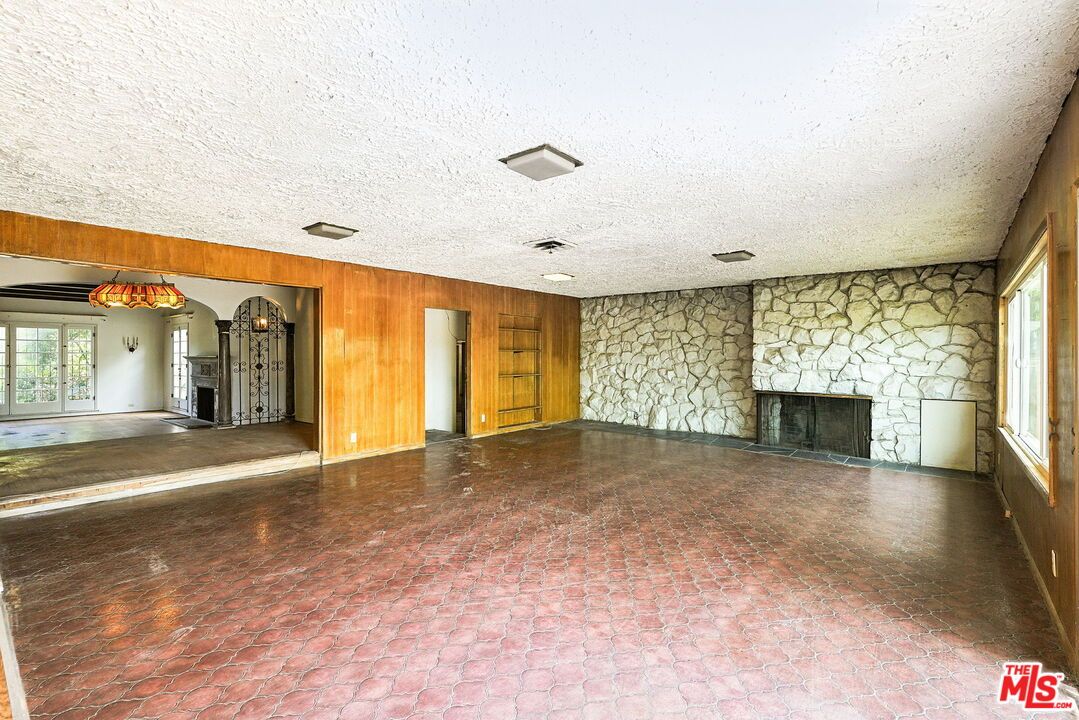 Empty room, Fireplace, Interior, Recessed Lighting, Stone Walls, Wooden Walls