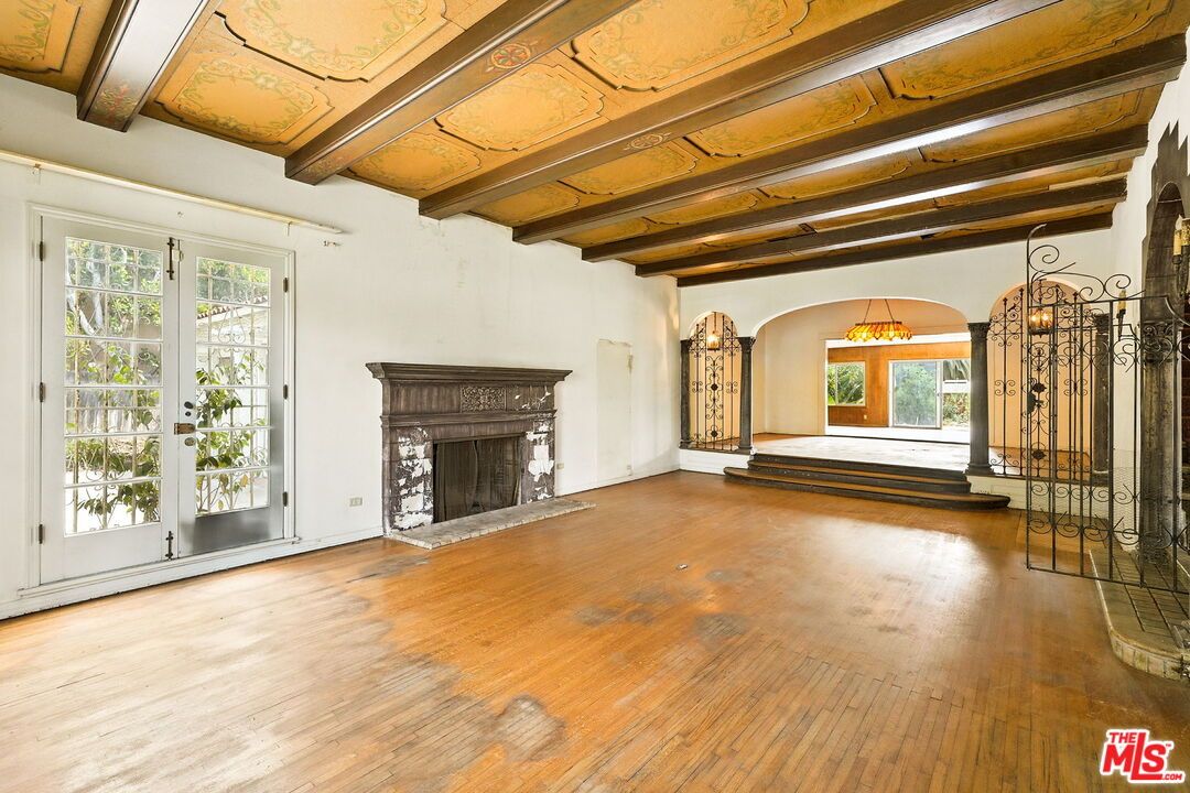 Empty room, Fireplace, Interior, Pendant Lights, Wooden Beams, Wood Texture Flooring