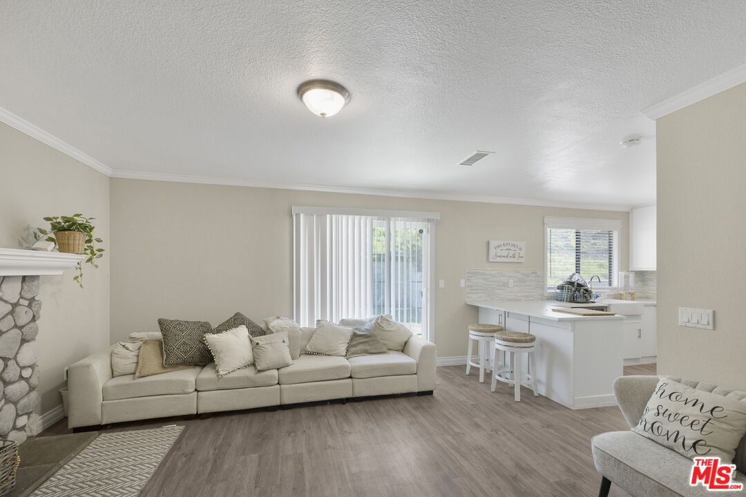 Fireplace, Interior, Kitchen, Living room, Wood Texture Flooring