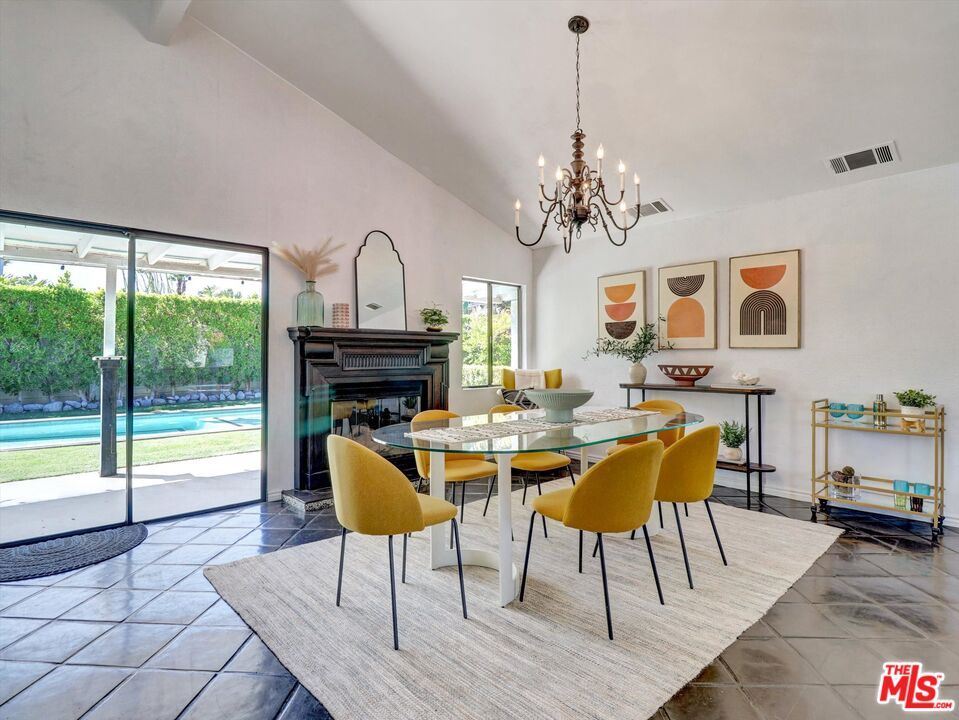 Chandelier, Dining room, Fireplace, Interior