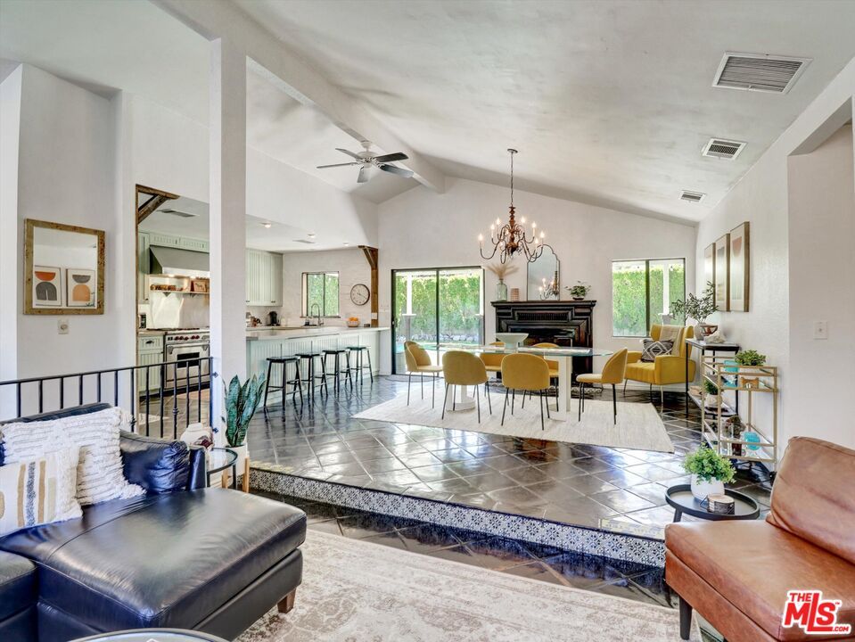 Chandelier, Dining room, Fireplace, Interior, Kitchen, Living room, Recessed Lighting