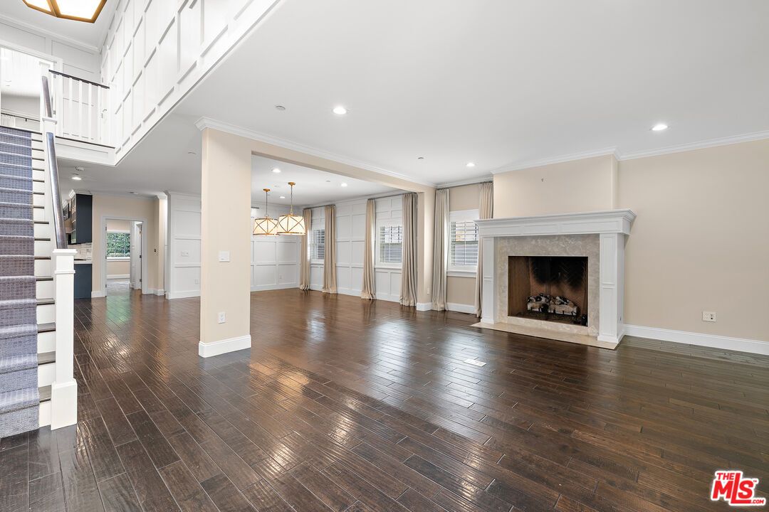 Empty room, Fireplace, Interior, Pendant Lights, Recessed Lighting, Wood Texture Flooring