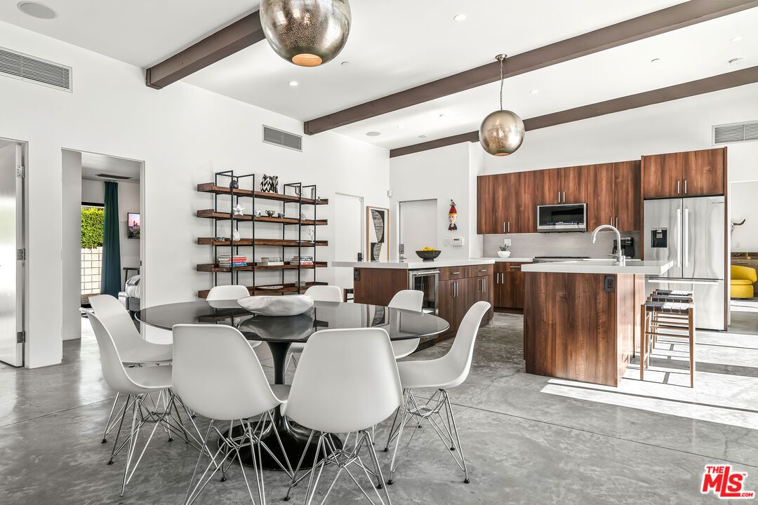 Dining room, Interior, Kitchen, Pendant Lights, Recessed Lighting, Stainless Steel Appliances, Wooden Beams