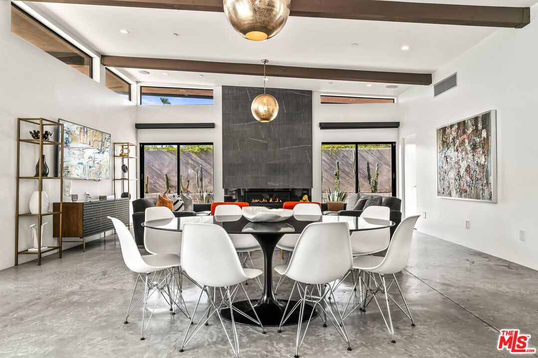 Dining room, Fireplace, Interior, Pendant Lights, Recessed Lighting, Wooden Beams