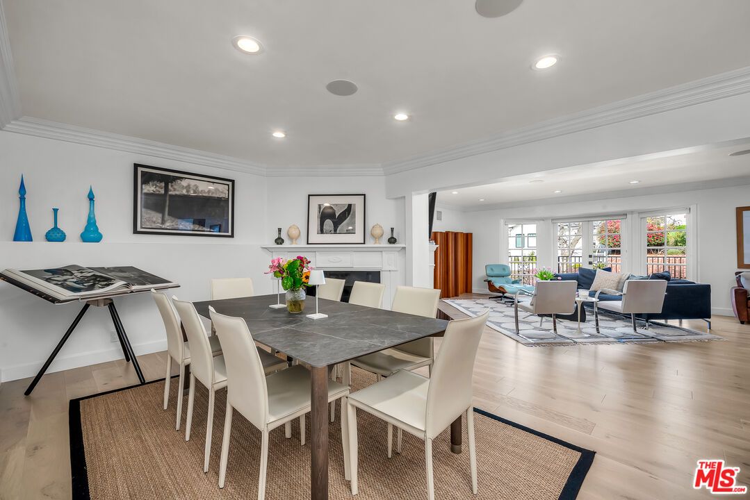 Dining room, Fireplace, Interior, Living room, Recessed Lighting, Wood Texture Flooring