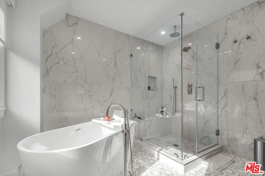 Bathroom, Free Standing Baths, Glass Shower, Interior, Marble Walls, Recessed Lighting