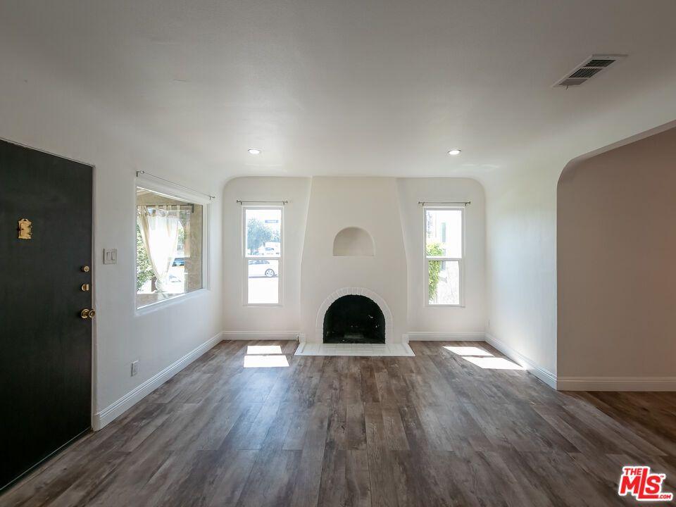 Empty room, Fireplace, Interior, Recessed Lighting, Wood Texture Flooring