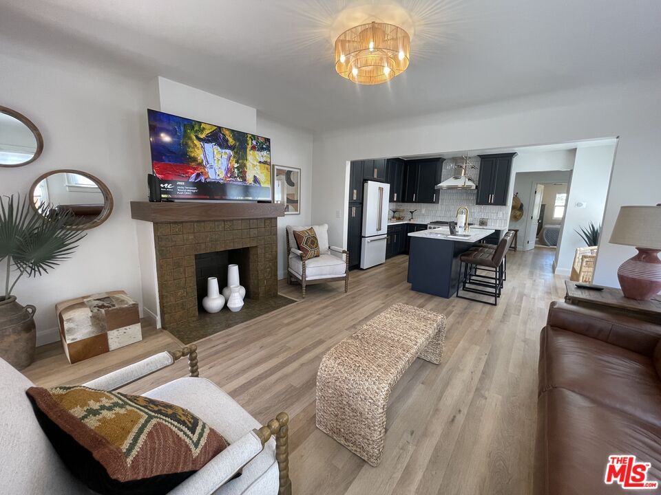 Dining room, Fireplace, Interior, Kitchen, Living room, Wood Texture Flooring