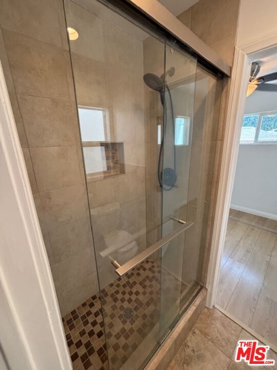 Bathroom, Glass Shower, Interior, Wood Texture Flooring