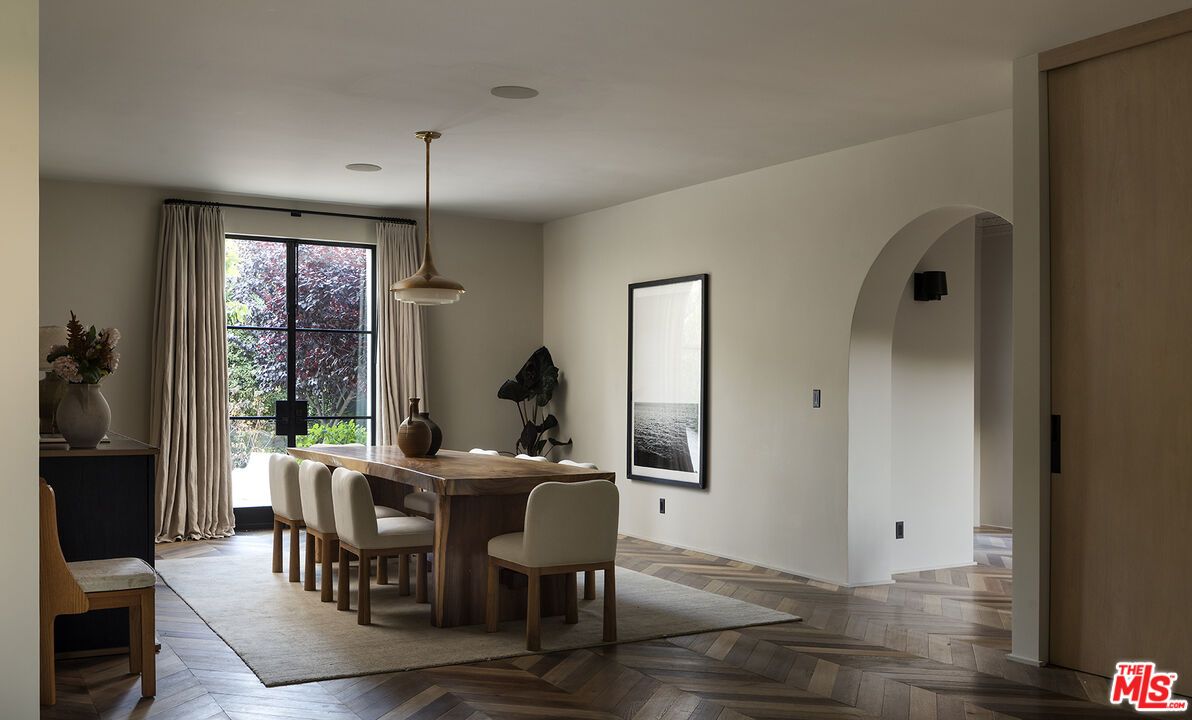 Dining room, Interior, Pendant Lights, Wood Texture Flooring