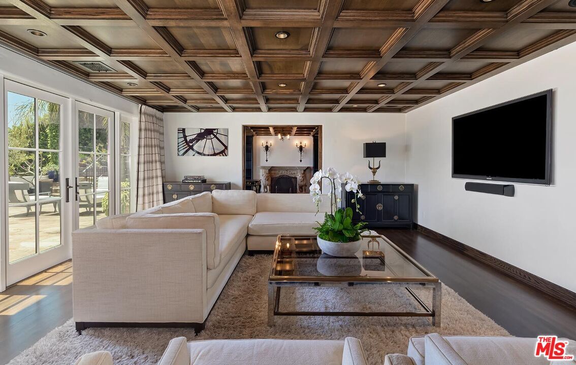 Fireplace, Interior, Living room, Recessed Lighting, Wooden Beams, Wooden Ceilings, Wood Texture Flooring