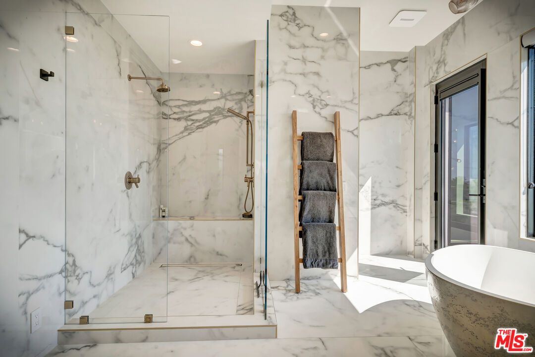 Bathroom, Free Standing Baths, Glass Shower, Interior, Marble, Marble Walls, Recessed Lighting