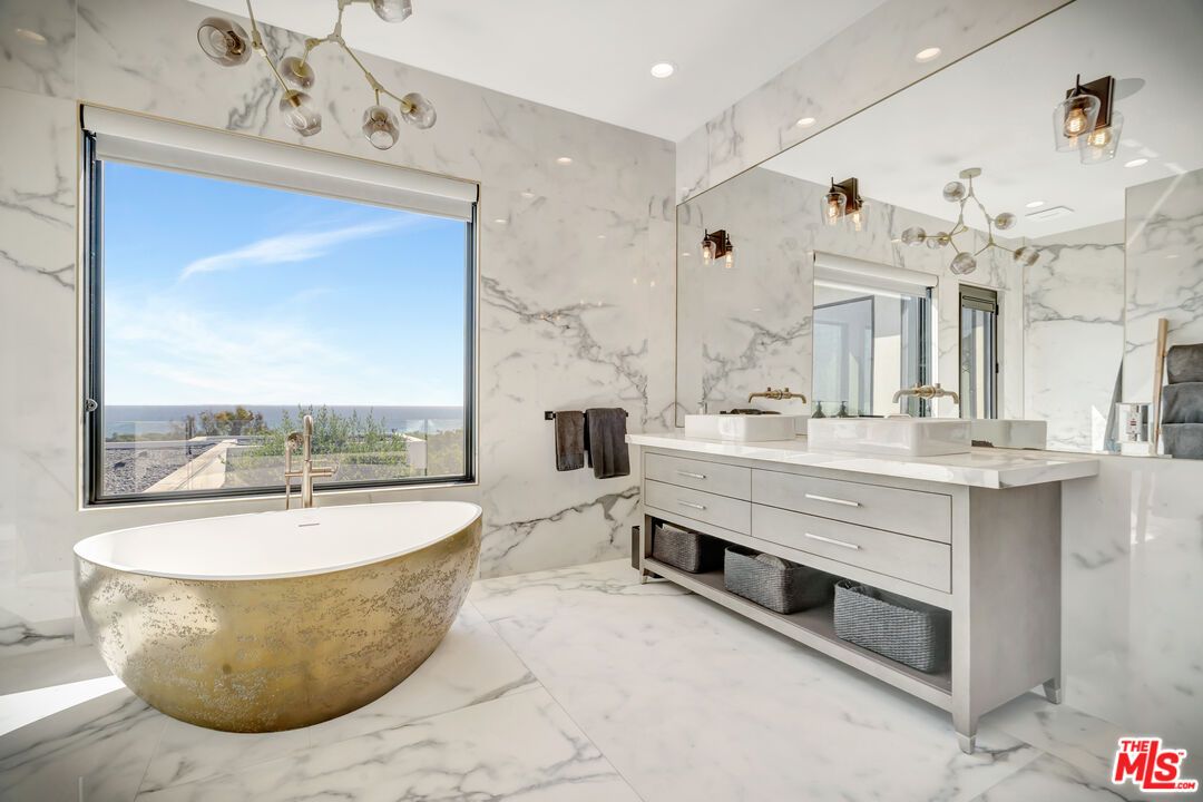 Bathroom, Dual Sink Vanities, Free Standing Baths, Interior, Marble, Marble Walls, Recessed Lighting
