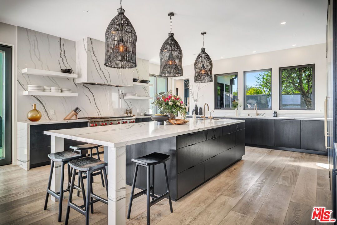 Interior, Kitchen, Marble Walls, Pendant Lights, Recessed Lighting, Wood Texture Flooring