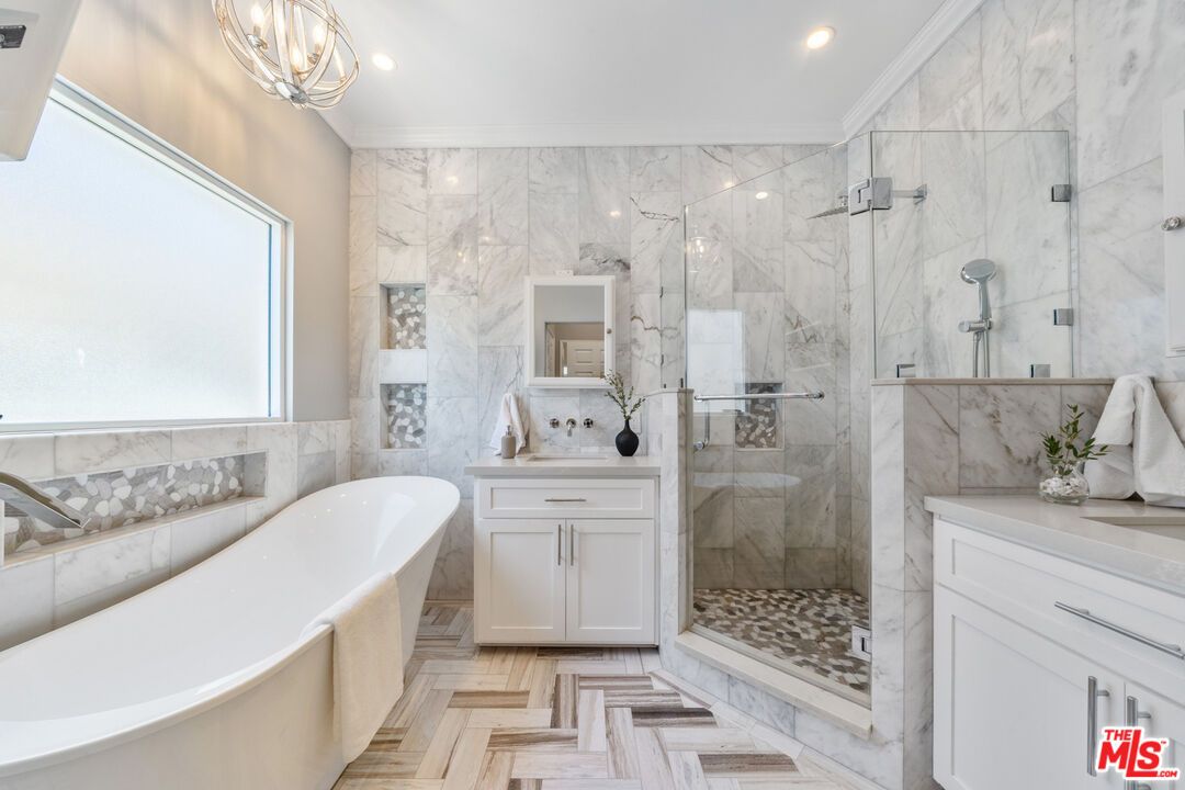 Bathroom, Chandelier, Free Standing Baths, Glass Shower, Interior, Marble, Marble Walls, Recessed Lighting
