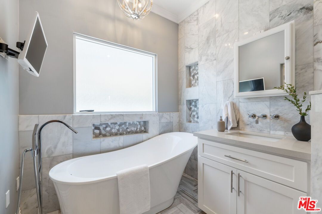 Bathroom, Free Standing Baths, Interior, Marble Walls, Wood Texture Flooring
