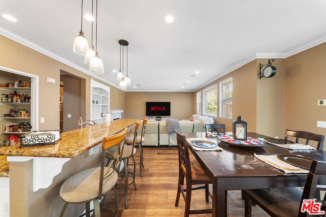 Dining room, Interior, Pendant Lights, Recessed Lighting, Wood Texture Flooring