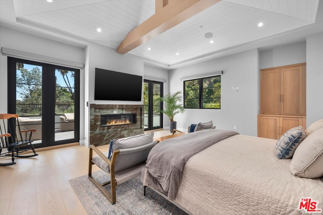 Bedroom, Fireplace, Interior, Recessed Lighting, Wooden Beams, Wood Texture Flooring