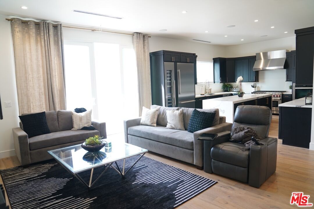 Interior, Kitchen, Living room, Recessed Lighting, Stainless Steel Appliances, Wood Texture Flooring