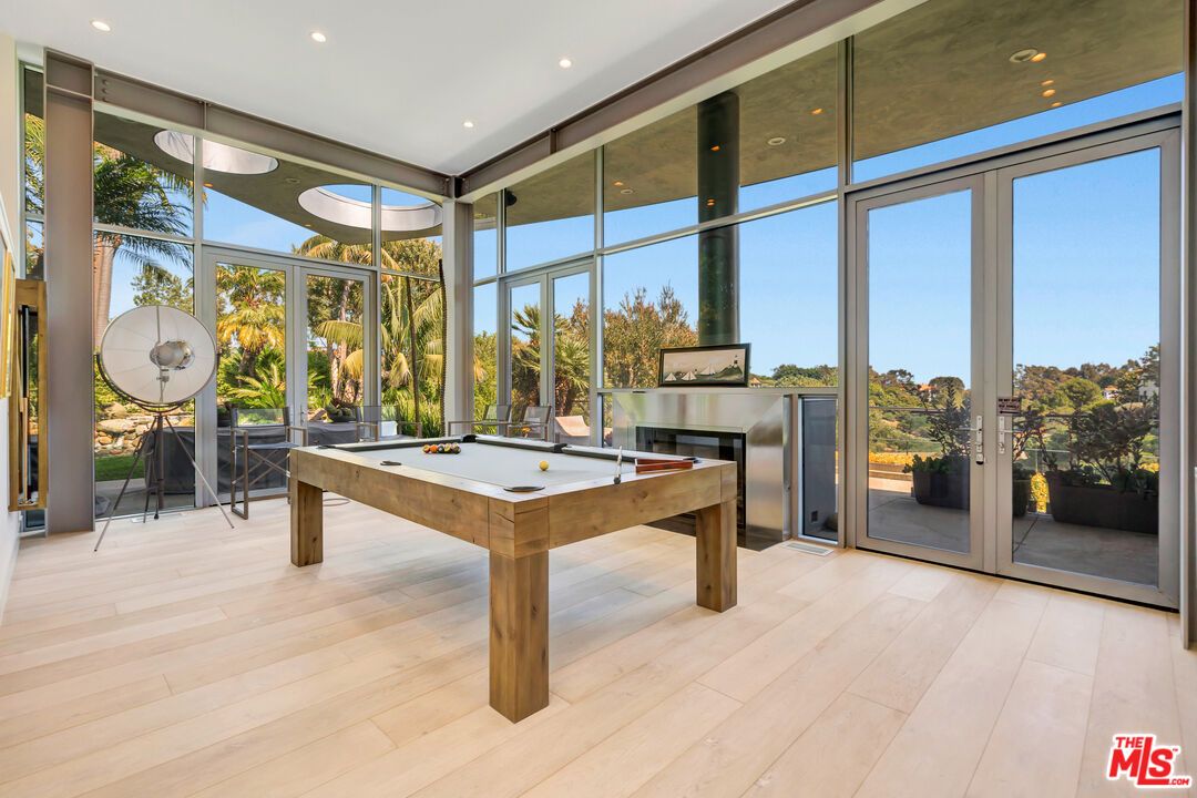 Billiard Table, Fireplace, Game Room, Interior, Recessed Lighting, Wood Texture Flooring
