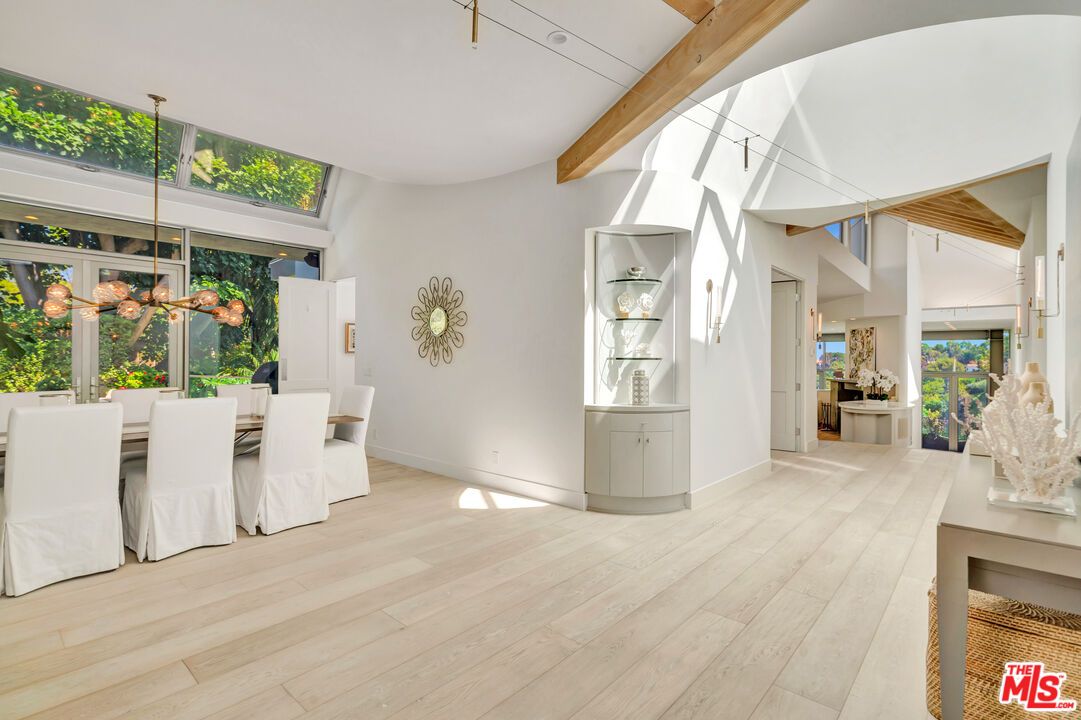Dining room, Interior, Pendant Lights, Wooden Beams, Wood Texture Flooring