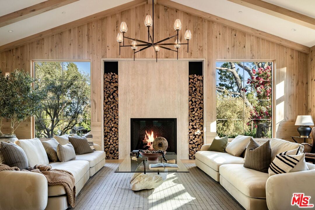 Chandelier, Fireplace, Interior, Living room, Recessed Lighting, Wooden Beams, Wooden Walls