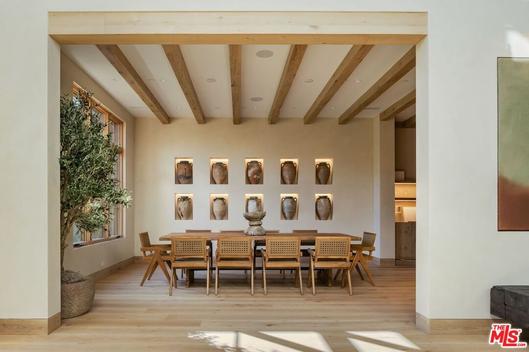 Dining room, Interior, Recessed Lighting, Wooden Beams, Wood Texture Flooring